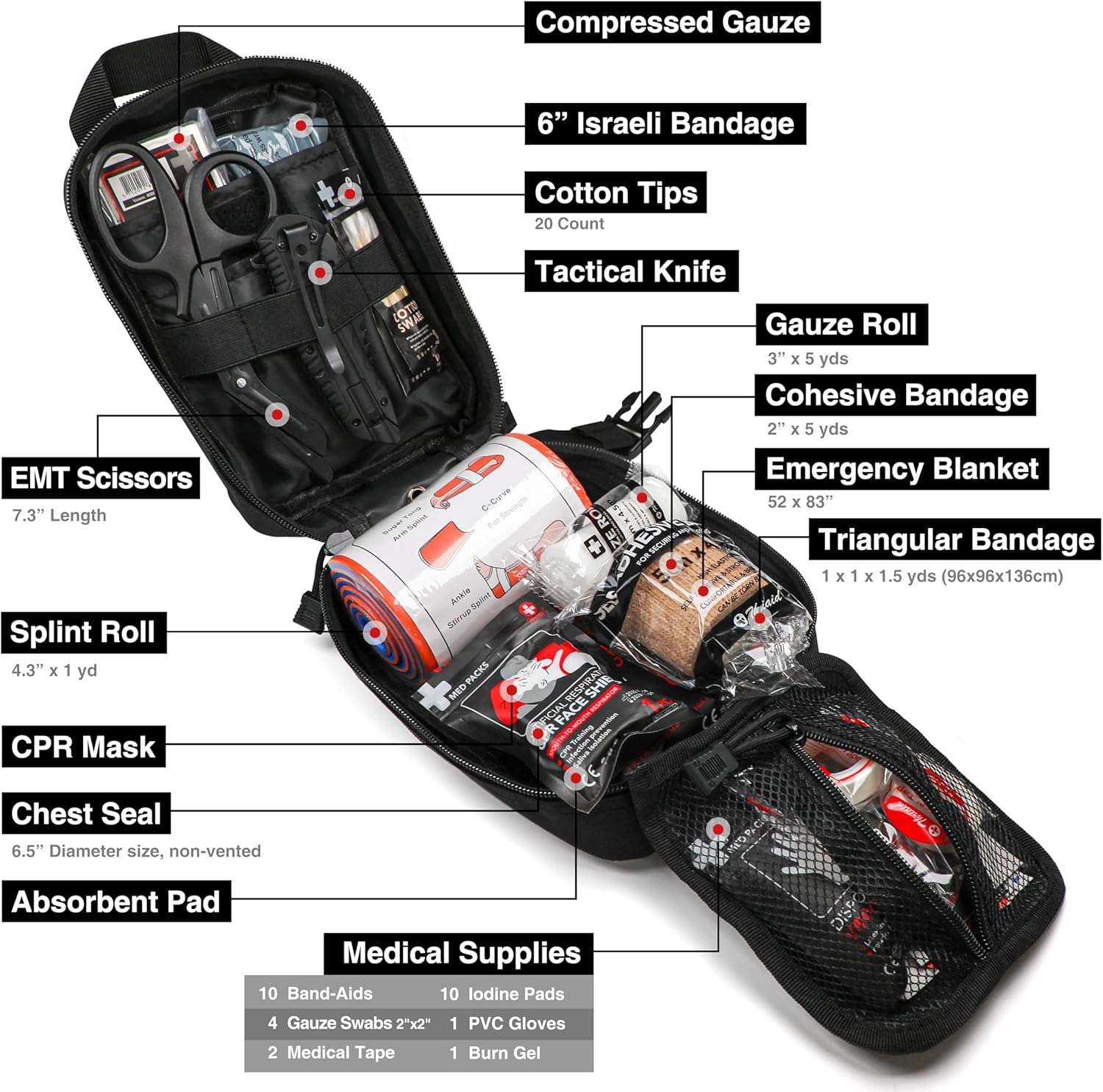 Survival First Aid Kit with Israeli Bandage, Splint, Chest Seal, Tactical Military Combat Molle IFAK for Wound Care, Bleeding Control, Trauma Hemorrhage and More