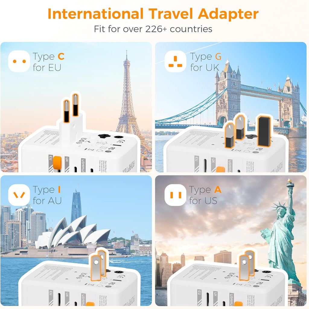 TESSAN Universal Travel Adapter, 65W GaN International Plug Adaptor with 4 USB(2 USB C) Charging Ports, Worldwide Power Outlet for US to European EU UK AUS Ireland(Type C/G/A/I)