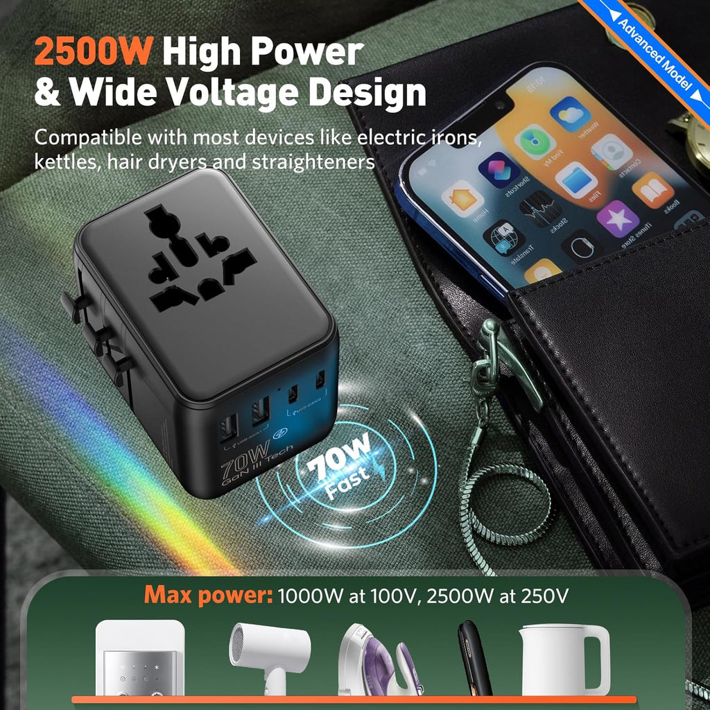 70W International European Travel Plug Adapter - HICHOR Fast Universal Travel Plug Adapter for US to Europe Worldwide Adaptor 1 AC Outlet 2 Type-A 3 Type-C EU UK Spain Australia Ireland Italy