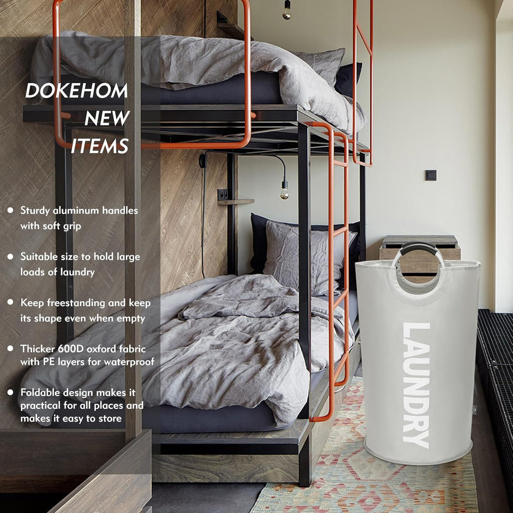 DOKEHOM 90L Large Laundry Basket, Collapsible Laundry Bag, Freestanding Tall Clothes Hamper, Foldable Washing Bin (Grey)