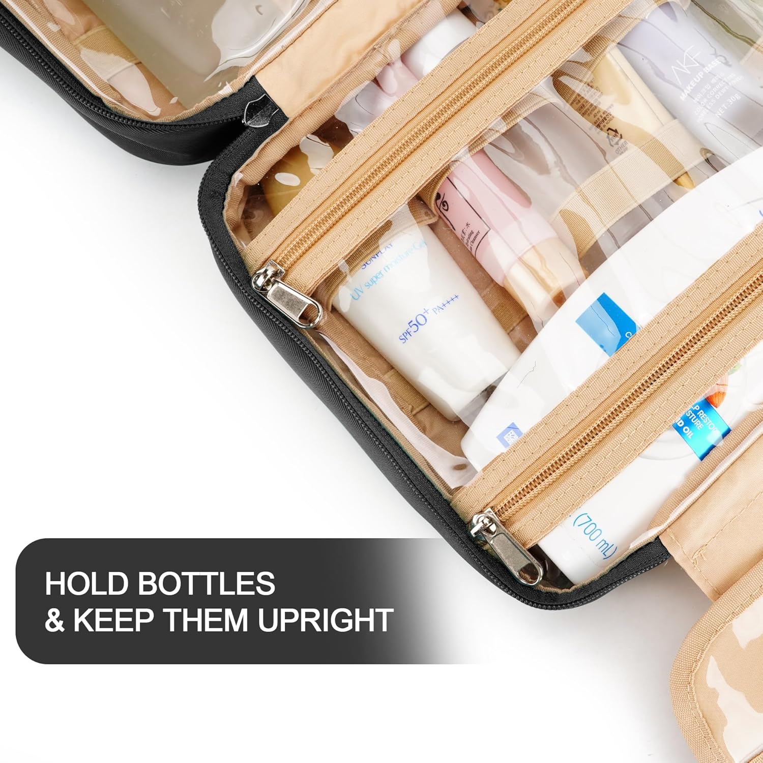 Travel Hanging Toiletry Bag for Women, Cruise Ship Essentials, with Jewelry Organizer, Medium Makeup Dopp Kit, Waterproof Cosmetic Bags, Toiletries Kit Set Accessories with Trolley Belt, Black