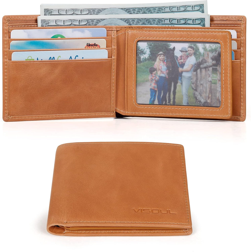 VISOUL Leather Mens Bifold RFID Blocking Wallet with 2 ID Windows, Leather Wallet for Men (Leather, Tan)