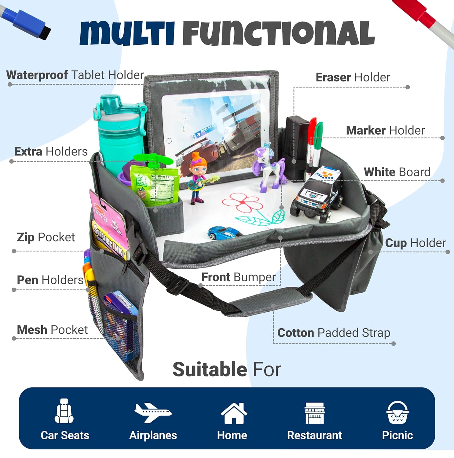 Kids Travel Tray with Dry Erase Board, Travel Tray for Kids Car Seat, Carseat Table Trays for Toddler, Kid Activity Desk for Air Travel, No-Drop Tablet Holder & Borders (All Grey)