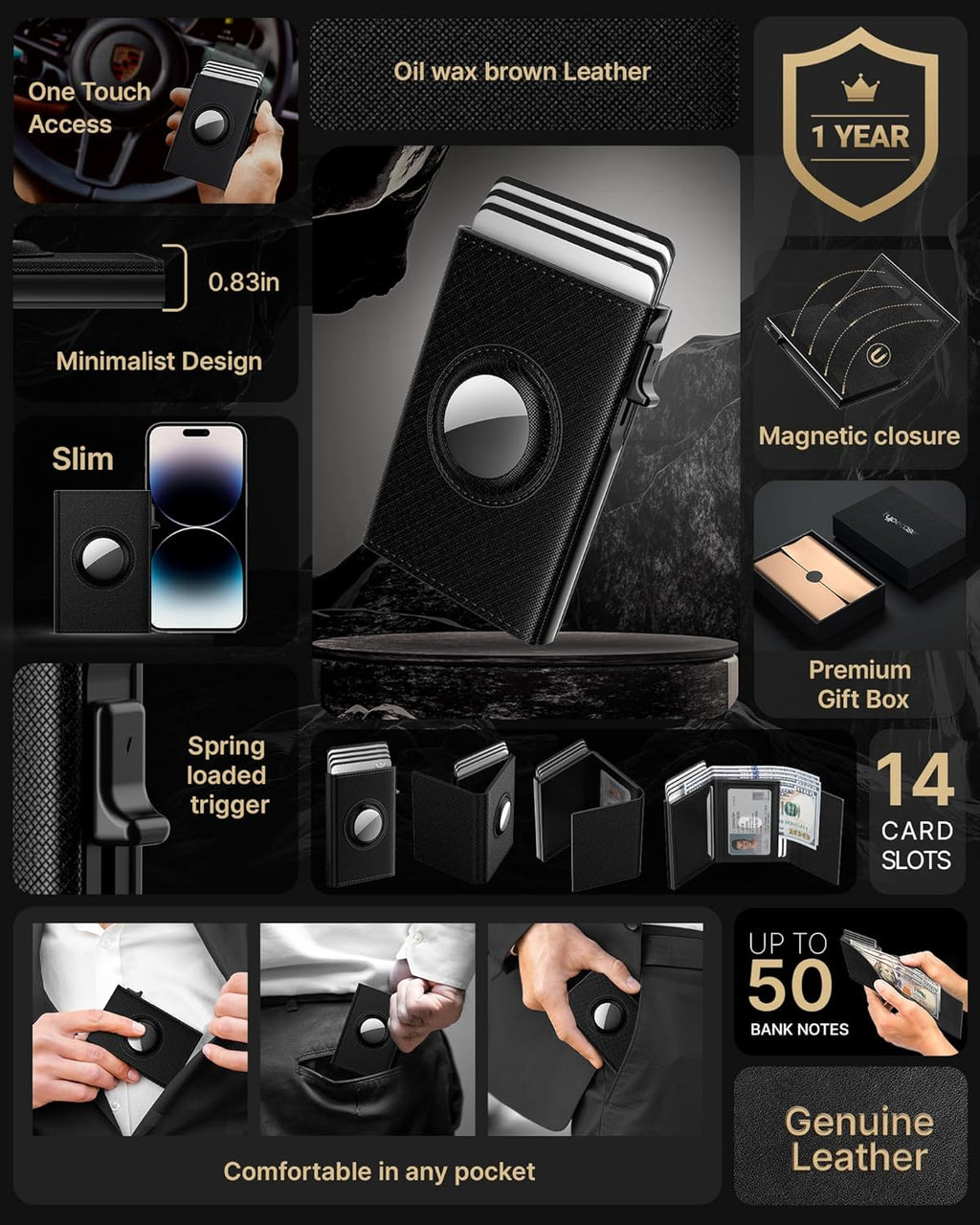 typecase Mens Wallet Card Holder for AirTag: Leather Smart Wallet for Men Compatible with Apple Air Tag, RFID Blocking, Slim, Minimalist - 9-14 Card Capacity | ID Window | Cash Slot (Dark Black)