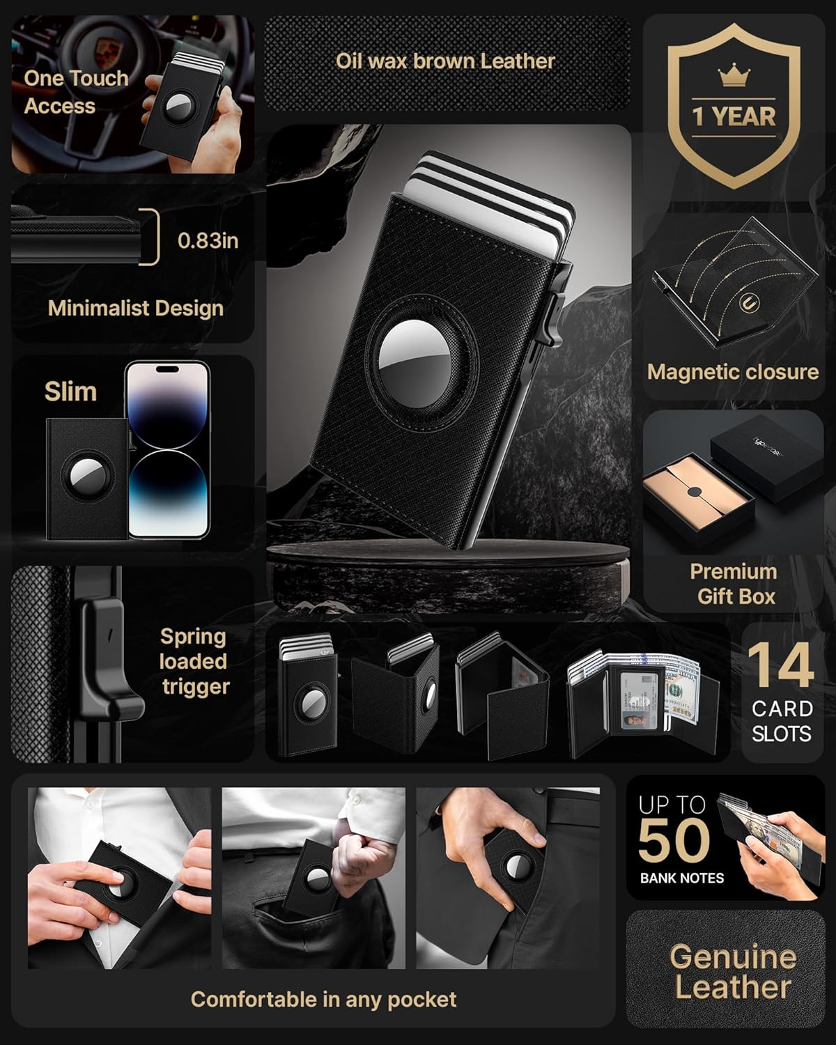 typecase Mens Wallet Card Holder for AirTag: Leather Smart Wallet for Men Compatible with Apple Air Tag, RFID Blocking, Slim, Minimalist - 9-14 Card Capacity | ID Window | Cash Slot (Dark Black)