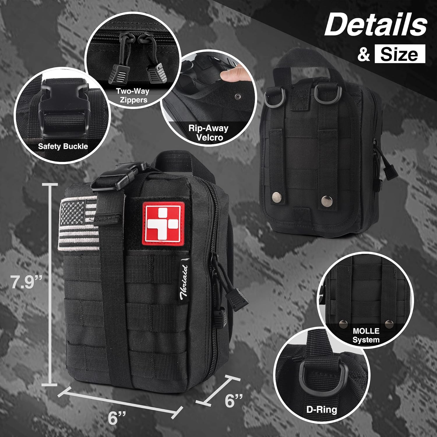 Survival First Aid Kit with Israeli Bandage, Splint, Chest Seal, Tactical Military Combat Molle IFAK for Wound Care, Bleeding Control, Trauma Hemorrhage and More
