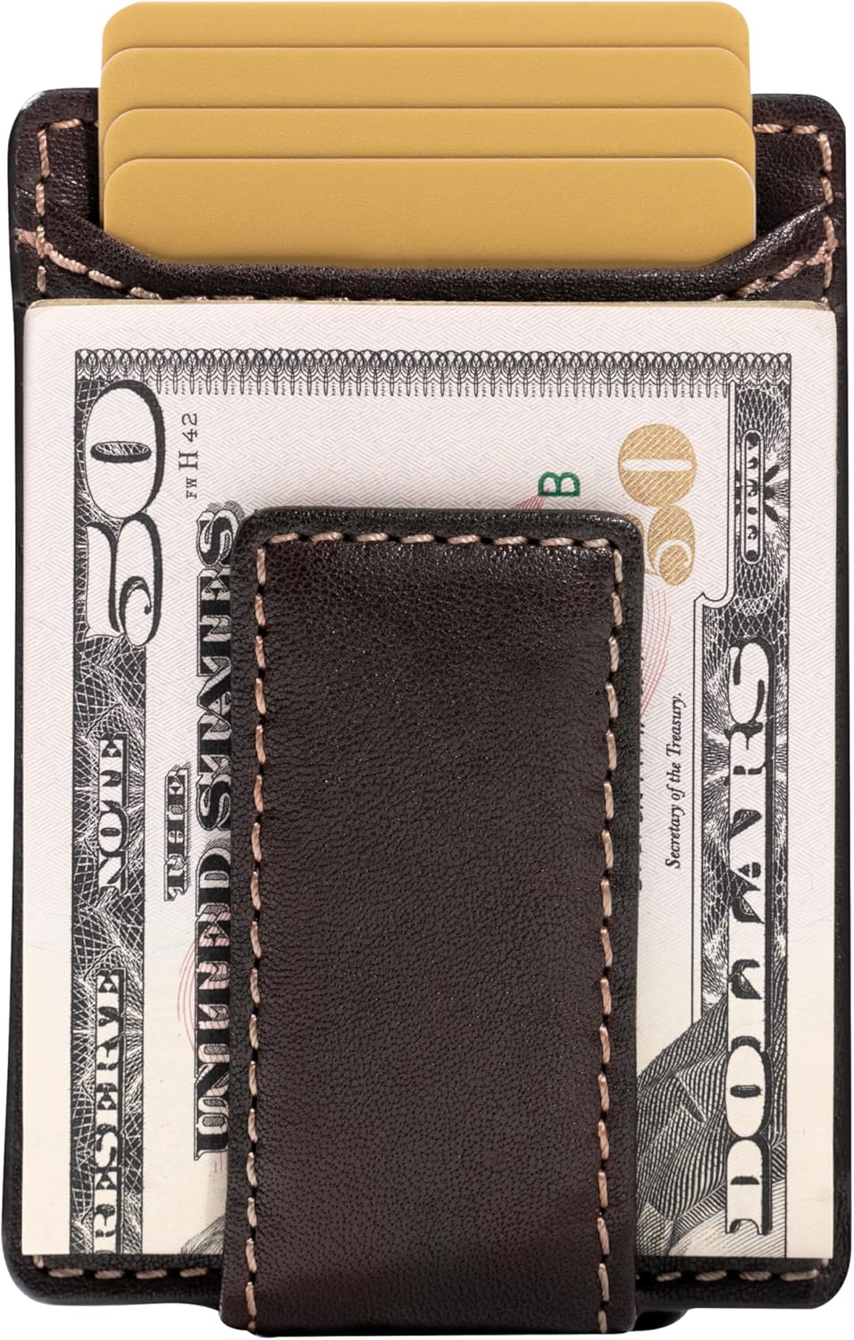 House of Jack Co. Corbin Slim Money Clip Wallet for Men, Strong Magnetic Clip with Exterior ID Window, Full Grain Cowhide Leather Front Pocket, Brown