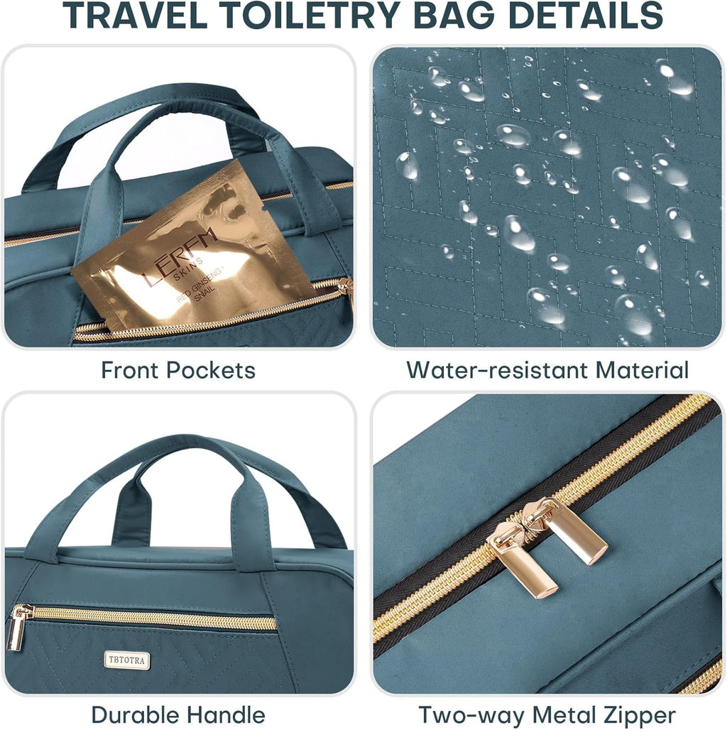 Hanging Toiletry Bag for Women Travel, 2 Sizes Large & Small Waterproof Cosmetic Organizer with 4 Compartments, Rotating Hook, Foldable Pink Travel Bag for Toiletries & Makeup Medium Lake Blue