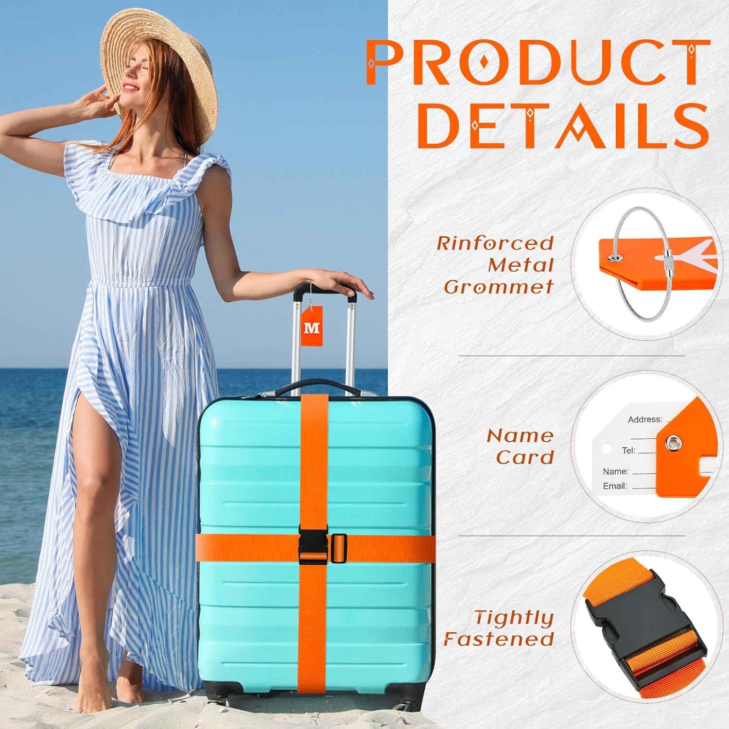 Weewooday 8 Pcs Luggage Straps Suitcase Tags Set for TSA Approved, 4 Travel Adjustable Suitcase Belt, 4 Silicone Luggage Tags with Name ID Card Travel Accessories(Light Orange,M)