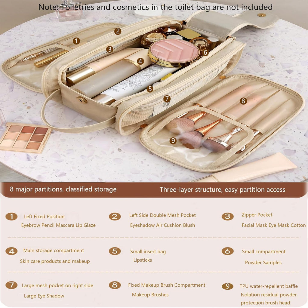 Travel Toiletry Bag for Women PU Triple-layer Double Zipper Toiletry Bags,Toiletries bag Women Waterproof with Handle Stowable Brushes, Toiletries Makeup for Business Trips Camping Bathroom Beige