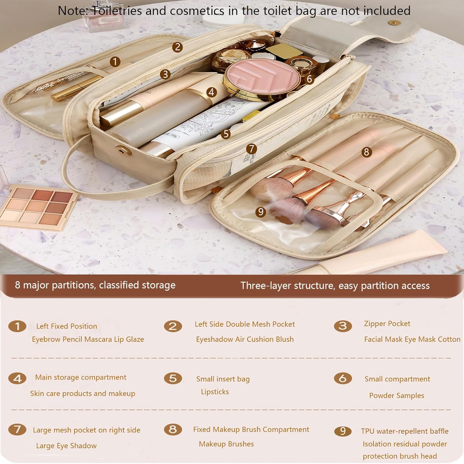 Travel Toiletry Bag for Women PU Triple-layer Double Zipper Toiletry Bags,Toiletries bag Women Waterproof with Handle Stowable Brushes, Toiletries Makeup for Business Trips Camping Bathroom Beige
