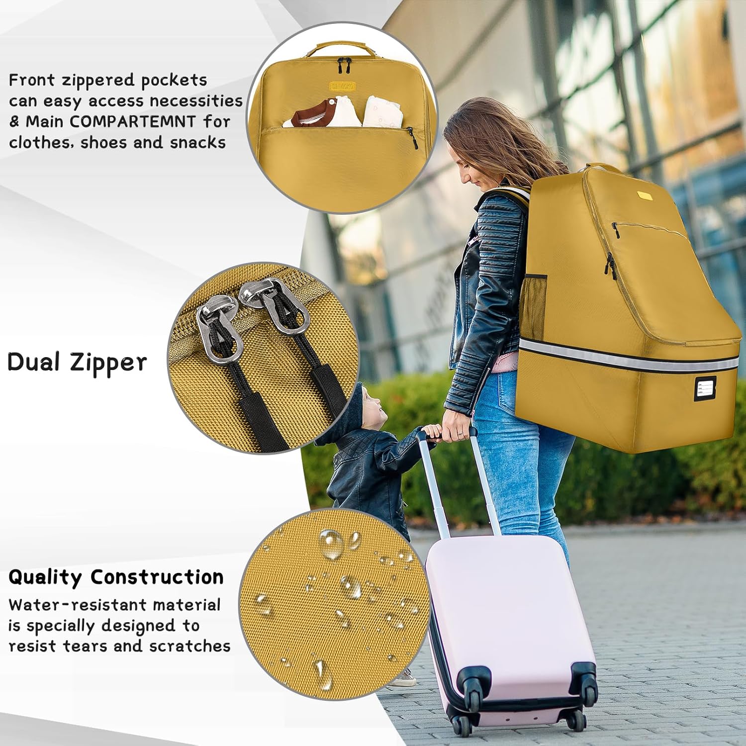 Car Seat Travel Bag - Padded Car Seat Carrier with Steel Cable Handle and Reflective Stripes, Large Durable Airport Gate Check Bag with Shoulder Strap