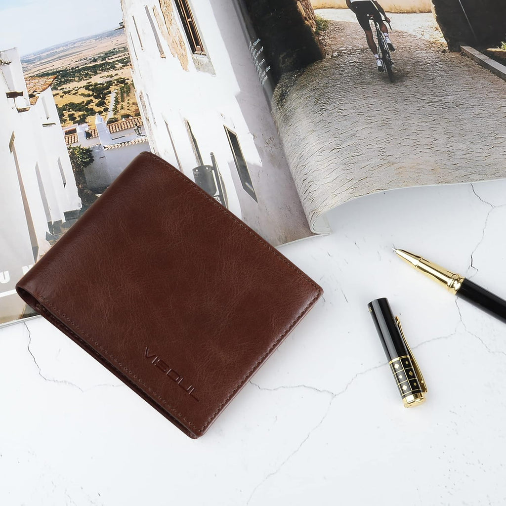 VISOUL Leather Wallets Bifold for Men with 2 ID Windwows, Men's Designer Card Holder Wallets with RFID Blocking (Brown)