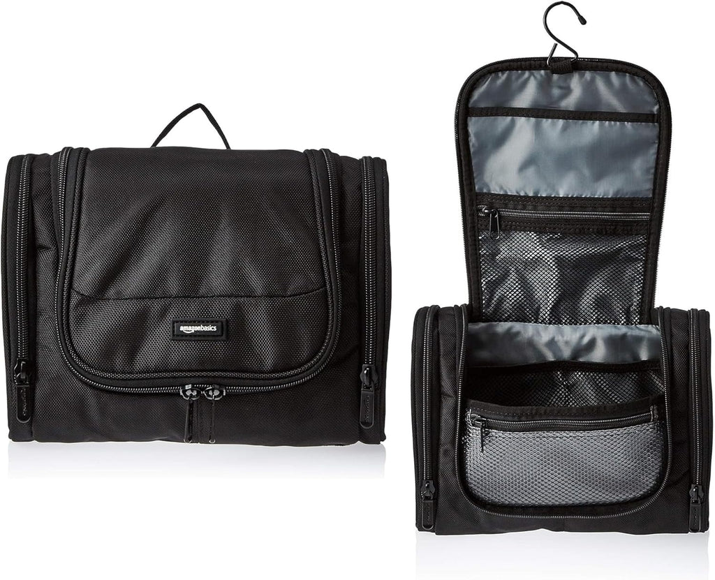 Basics Travel Toiletry Bag for Men and Women, Hanging Toiletry Bag, Dopp Kit with 2 Side Pockets, Multiple Interior Pockets, Durable 1680D Polyester, Handles Bathroom Spills/Splashes, Black