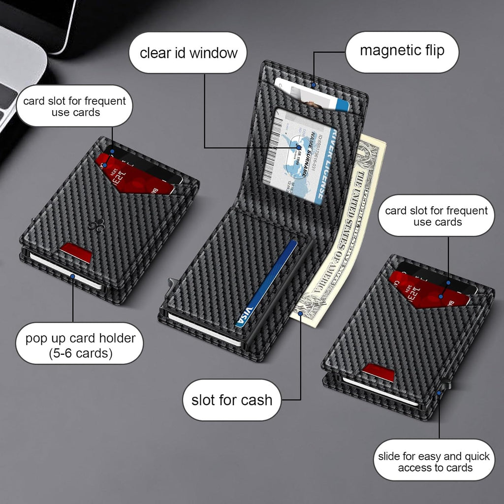 Wallet for Men Wallet with Slim Pop Up Card Holder for 12-14 Cards, RFID Blocking Bifold Minimalist Smart Wallet, Credit Card Holder with ID Window & Cash Slot, Compact Metal Card Case, Gifts for Men