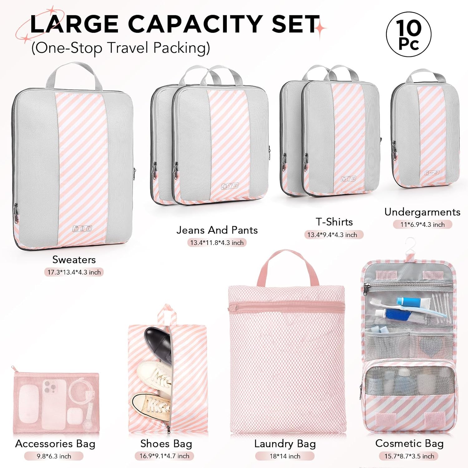10 Set Compression Packing Cubes for Travel Essentials,Compressible Expandable Packing Cubes for Suitcase,OlarHike Luggage Organizer Bags for Travel,Handy Helper for Organizing Clothes(Pink Stripped)