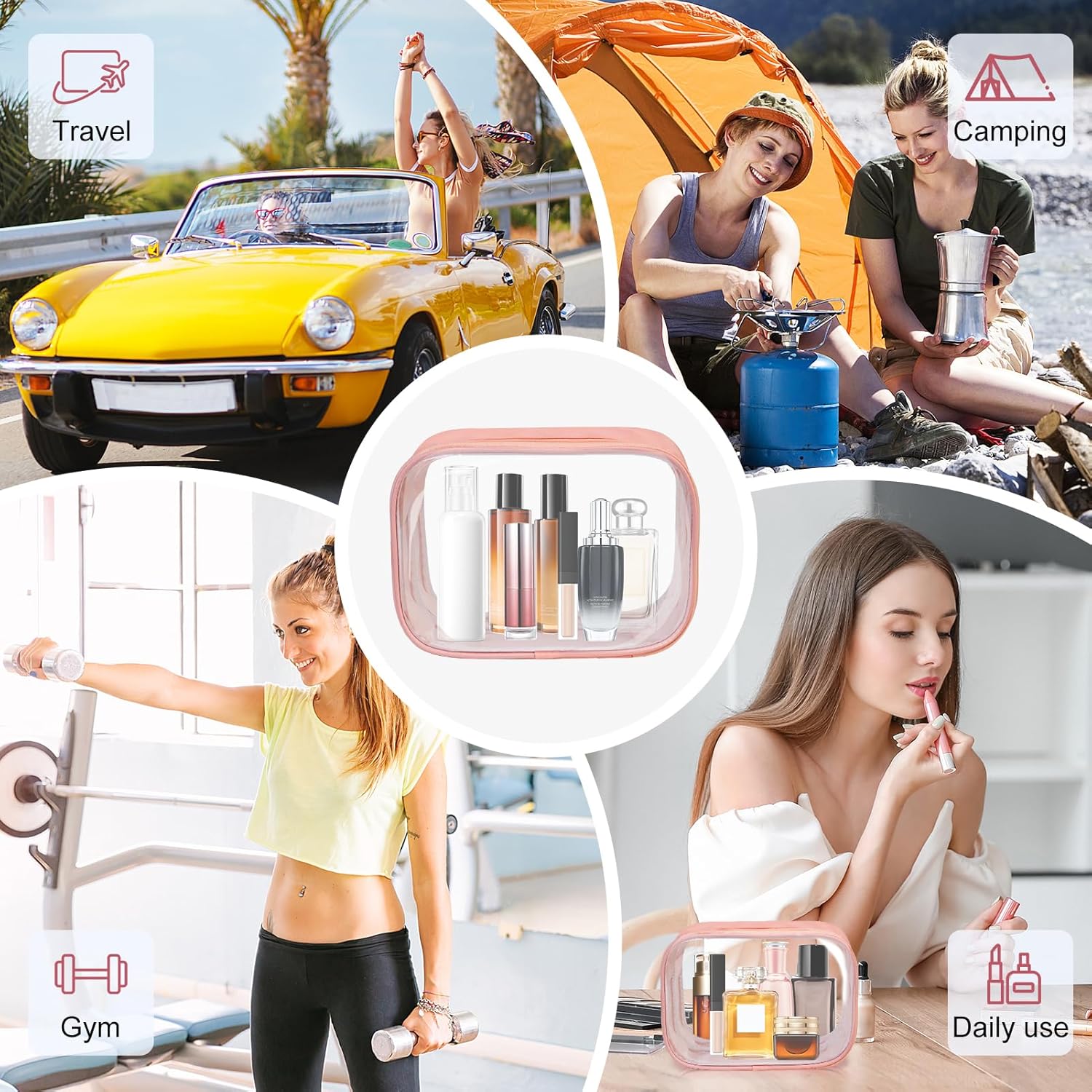 Moyad TSA Approved Clear Toiletry Bag, 3 Pack Quart Size 3-1-1 Liquids Pouch for Travel, Transparent Makeup & Cosmetic Organizer for Women Men, Peach Pink