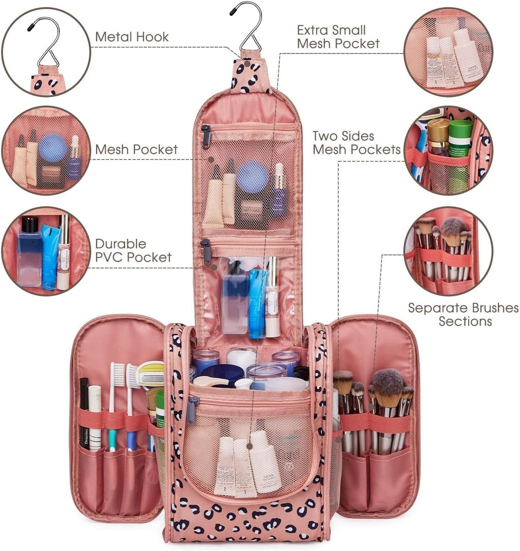 Narwey Small Hanging Cheetah Toiletry Bag Women Travel Makeup Bag Organizer Toiletries Bag for Travel Size Essentials Accessories Cosmetics (Medium, Orange Leopard)