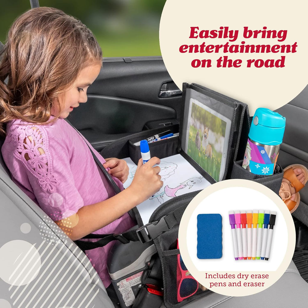 Lusso Gear Kids Travel Desk for Car Seats & Airplane - Car Seat Activity Tray with Dry Erase Top, Tablet Holder, Mesh Pockets & Cup Holder - Lap Desk for Toddlers on Road Trips (Planets)