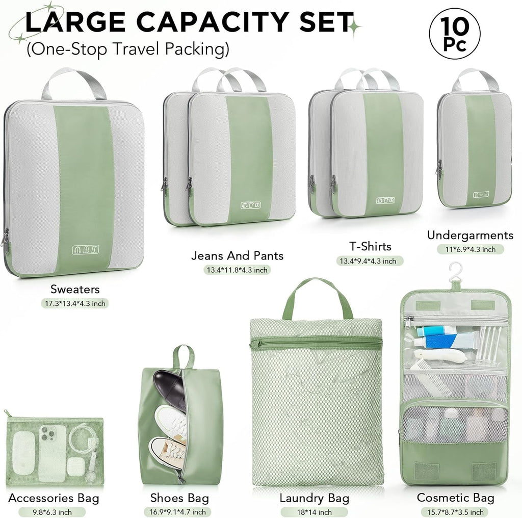 10 Set Compression Packing Cubes for Travel Essentials,Compressible Expandable Packing Cubes for Suitcase,OlarHike Luggage Organizer Bags for Travel,Handy Helper for Organizing Clothes(Matcha Green)