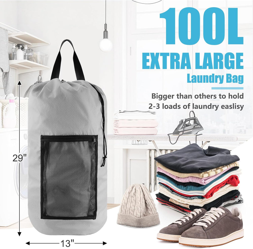 Laundry Bag Backpack, 2PCS Extra Large Travel Laundry Bag with Mesh Pocket & Adjustable Shoulder Straps,Dirty Clothes Travel Bag for College Students Dorm,Apartment(Light Gray)