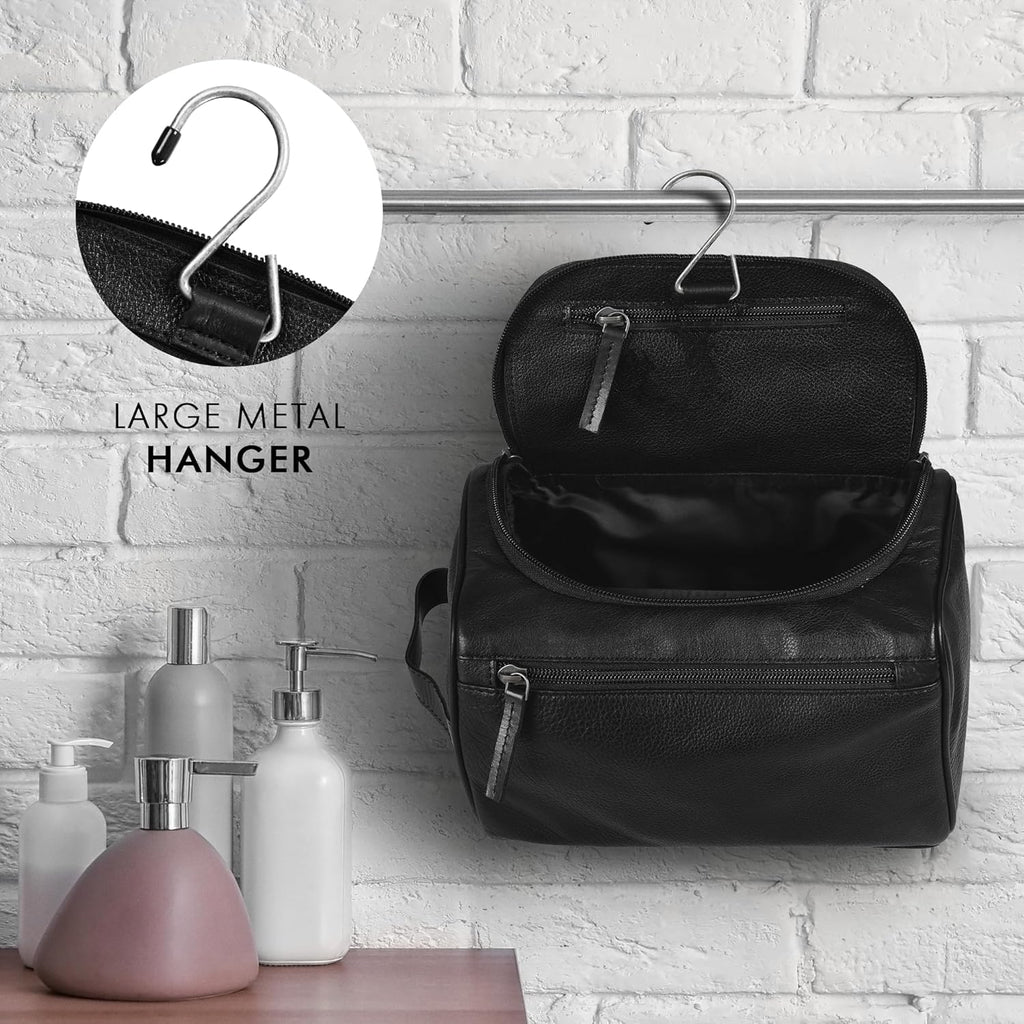 ELIZO Premium REAL Leather Toiletry Bag for Men Dopp Kitt Hanging Mens Toiletry Large TSA Toiletries Bag Shaving Grooming Bag Organizer Black