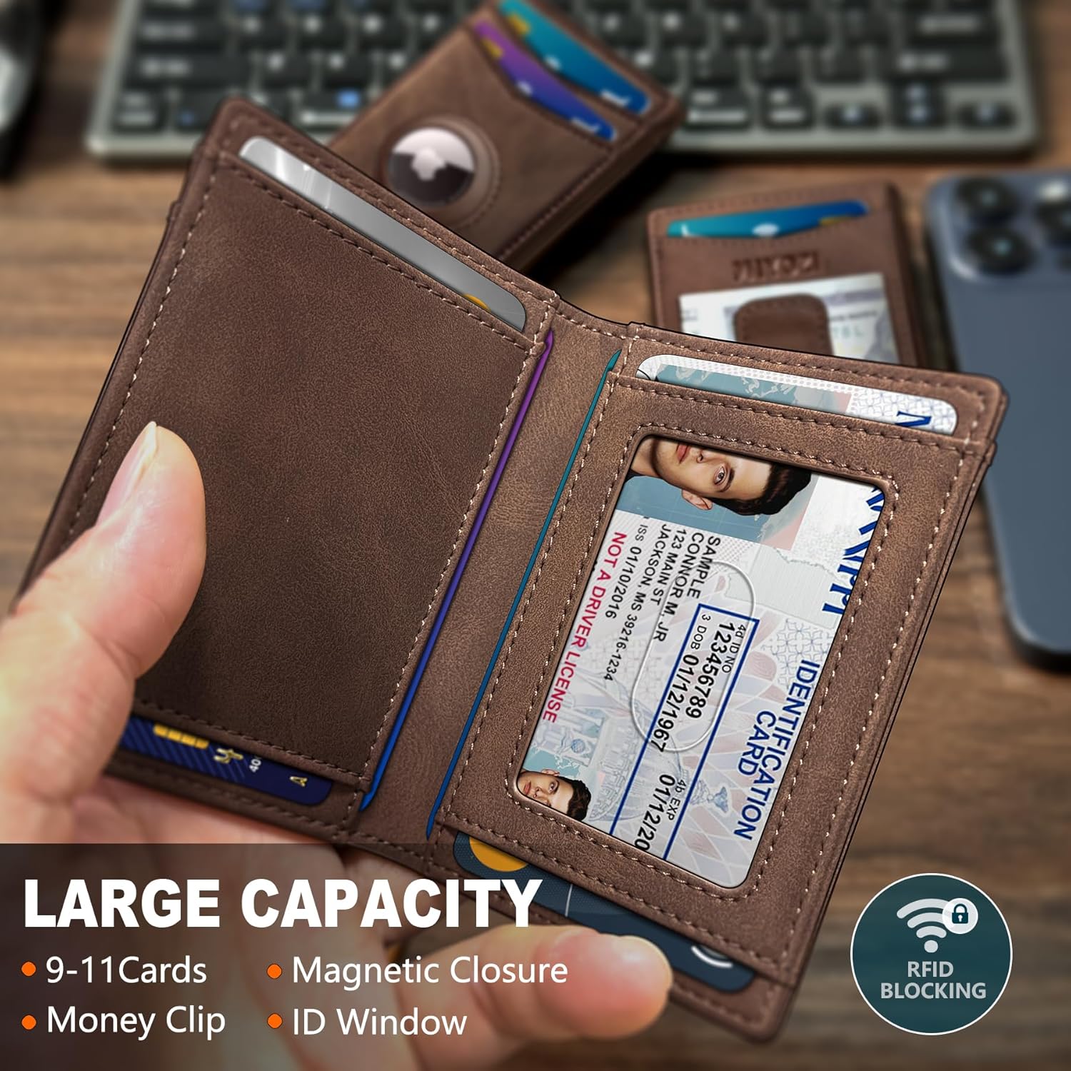 Airtag Wallet for Men- with Money Clip Gift Boxed, Magnetic Closure Slim Genuine Leather Front Pocket Wallet, 4.1"x 2.8", RFID Blocking