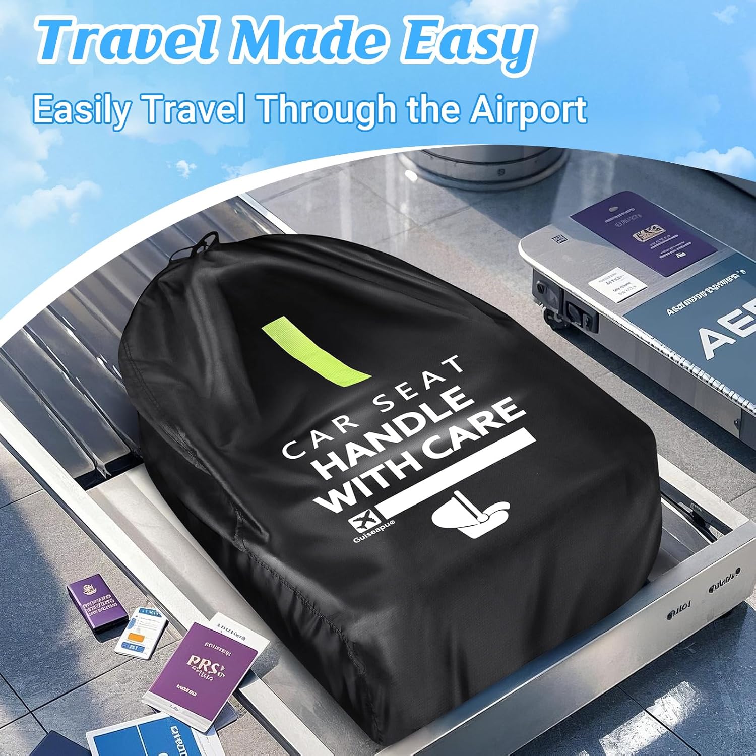 Guiseapue Car Seat Travel Bag for Airplane: Car Seat Bags for Air Travel Fit All Car Seats, Infant Carriers & Booster Seats, Carseat Cover Fit Doona Graco Evenflo, Baby Travel Essentials for Flying