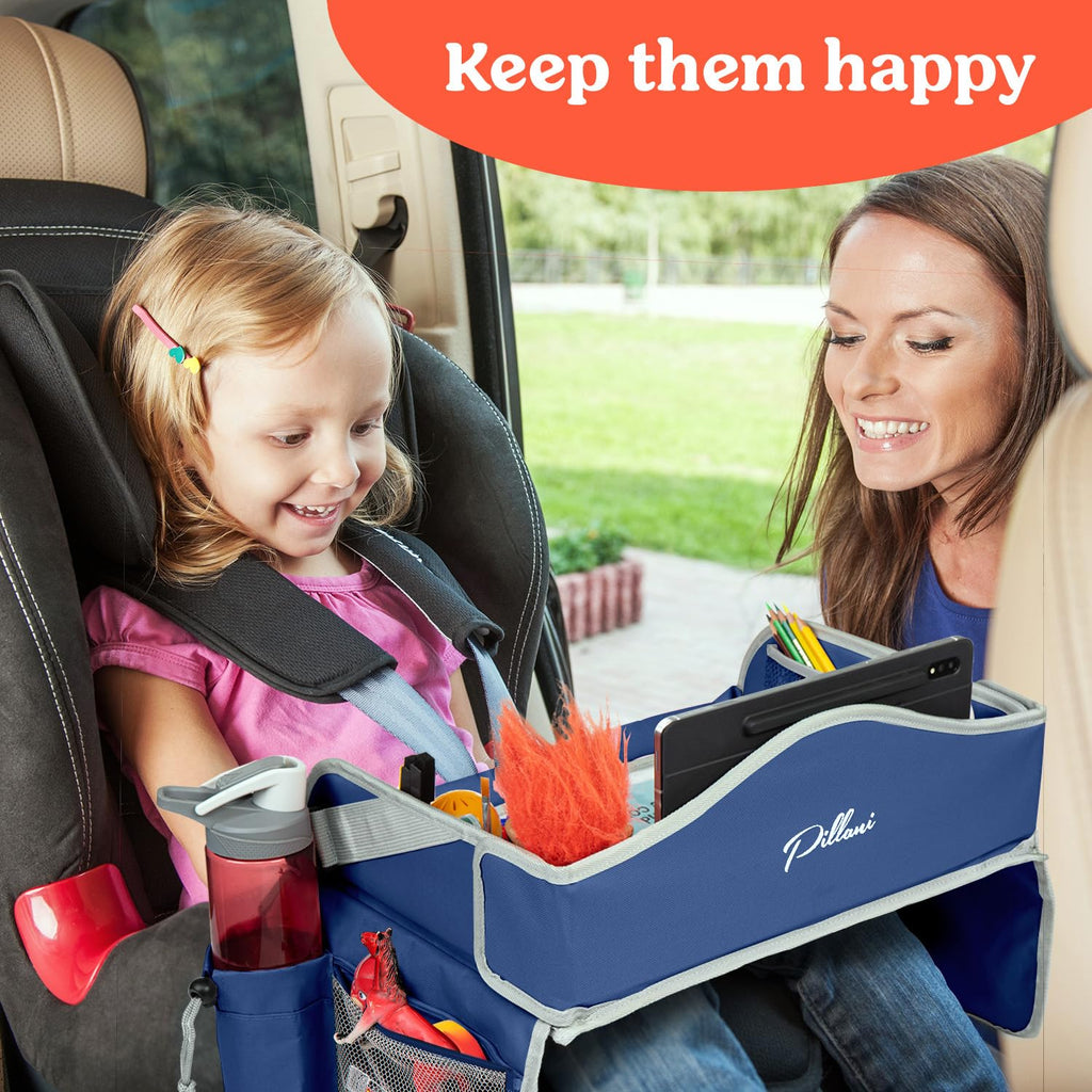 PILLANI Kids Travel Tray for Car - Car Seat Tray for Kids Travel, Road Trip Essentials Must Haves - Carseat Table Roadtrip Activities - Toddler Lap Desk Organizer for Airplane - Kids Travel Essentials