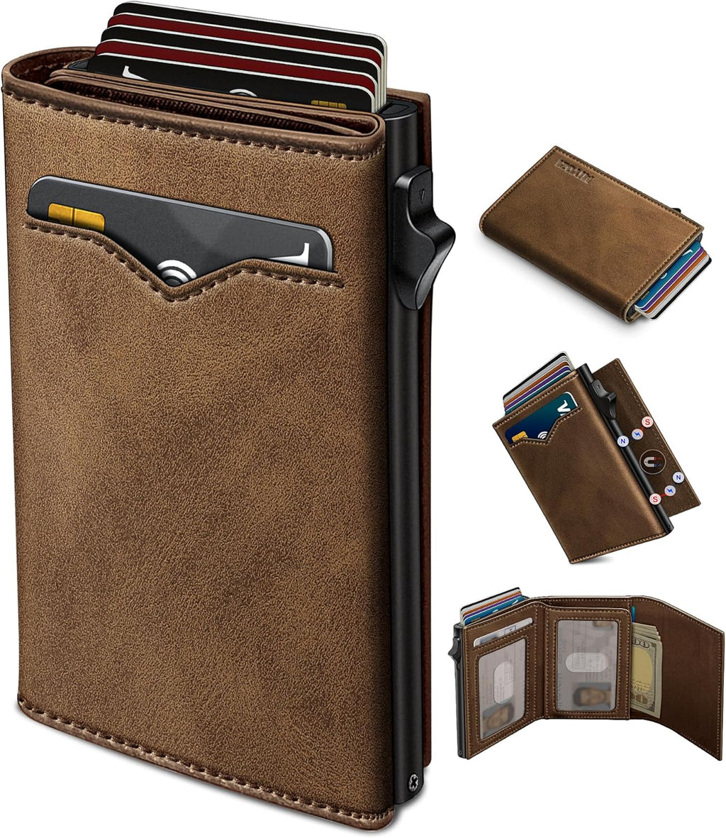 Wallet for Men,with Cash Pocket 2 ID Window 9-13 Cards,Metal Case Smart Slim Pop Up Credit Card Holder Flip with Magnetic Closure RFID Blocking Trifold wallet with Gift Box