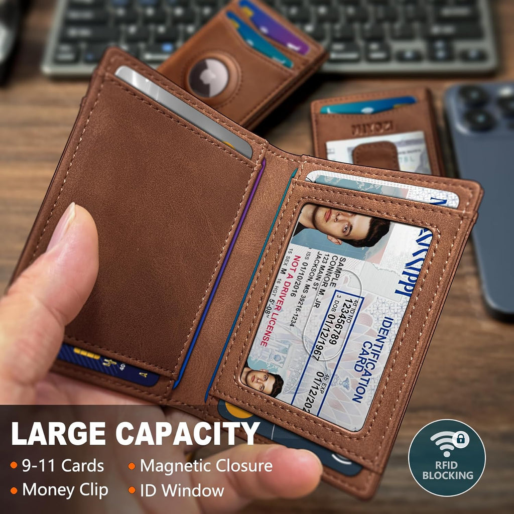 Airtag Wallet for Men- with Money Clip Gift Boxed, Magnetic Closure Slim Genuine Leather Front Pocket Wallet, 4.1"x 2.8", RFID Blocking