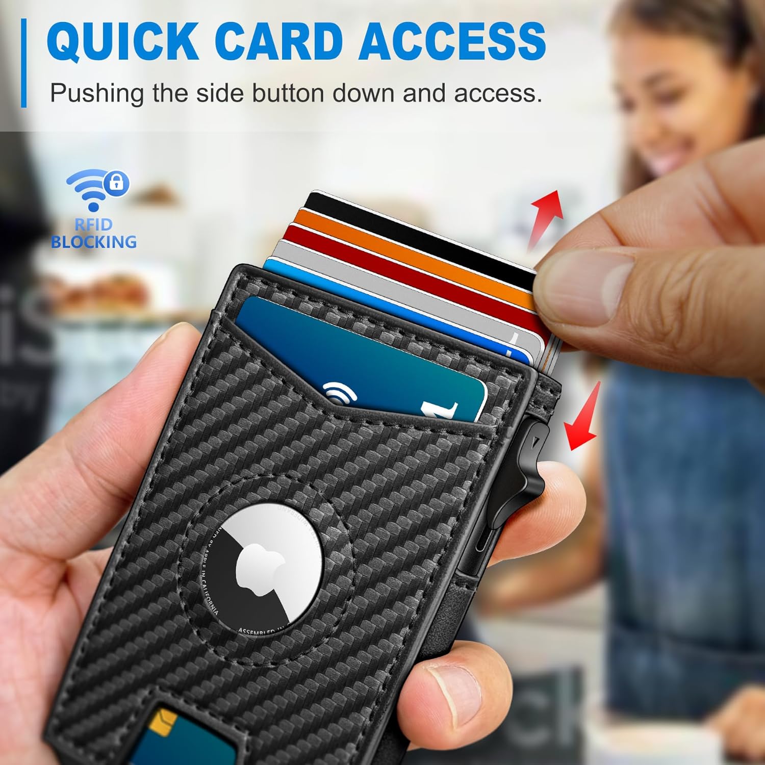 Airtag Wallet for Men,with Money Clip Gift Boxed,Slim Front Pocket Wallet RFID Blocking Metal Case Smart Pop-up Credit Card Holder in Magnetic Leather Flip