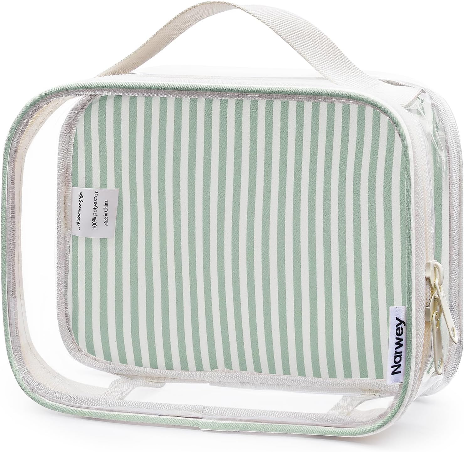 Narwey TSA Approved Clear Toiletry Bag for Travel, Waterproof PVC Clear Makeup Bags, Portable Compact Cosmetic Bag Make Up Organizer, Airport Airline Quart Size Compliant Bag (Mint Green Stripe)