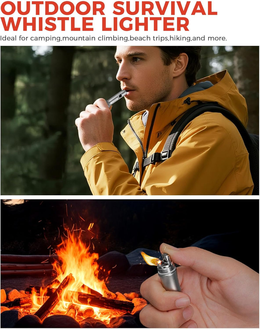 3-in-1 Fire Starter Survival Tool -Titanium Emergency Whistle, Kerosene Lighter & Mini Pill Holder, IPX8 Water-Resistant, Dust-Resistant, Compact for Hiking, Camping, Rescue(Fuel not Included)