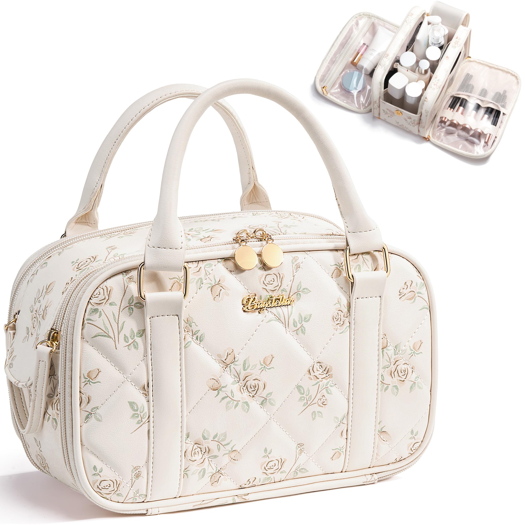 Bagstellar Travel Makeup Bag, Large Capacity Quilted Toiletry Bag for Women Stand-up Cosmetic Bag Open Flat Make Up Case Organizer Portable Pouch Purse w/Handle for Traveling Accessories Beige Floral