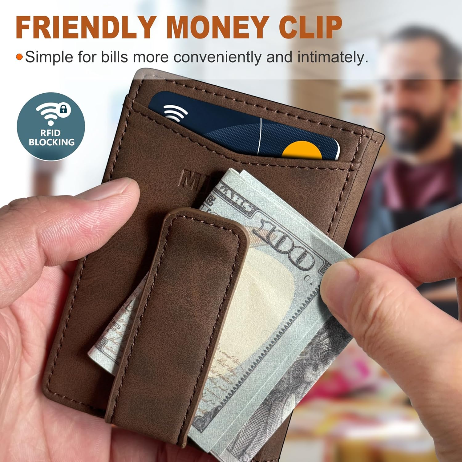 Airtag Wallet for Men- with Money Clip Gift Boxed, Magnetic Closure Slim Genuine Leather Front Pocket Wallet, 4.1"x 2.8", RFID Blocking