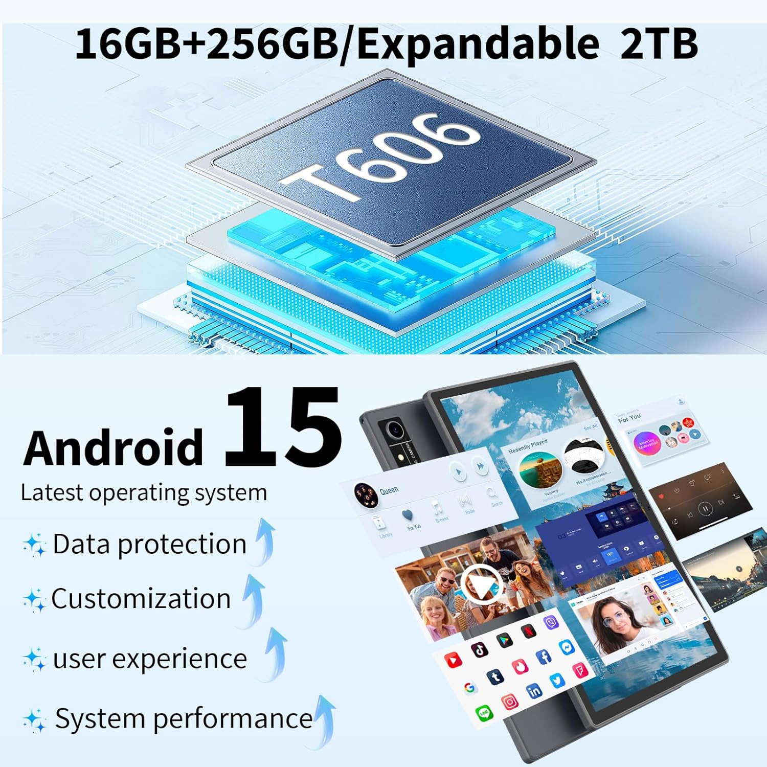 Android 15 Tablet with Keyboard, 16GB（8+8）RAM+256 Storage(Expand to 2TB), 8000mAh Battery, Widevine L1,10 Inch 2-in-1 Tablets with 5G/2.4G WiFi, BT5.0, GMS Certified, with Mouse, Case, Stylus（Black）