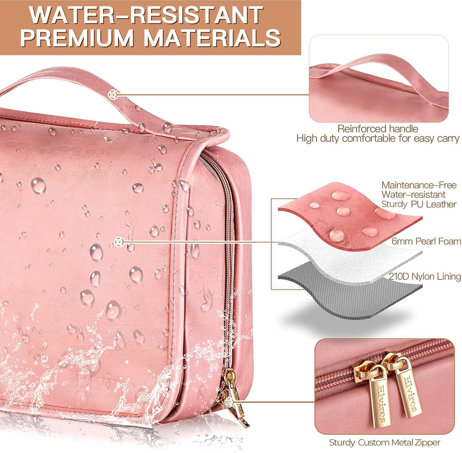 Elviros Hanging Travel Toiletry Bag for Women, 3-in-1 Large Makeup Bag and Cosmetic Organizer, Vegan Leather Waterproof Skincare Case for Travel Size Toiletries and Accessories