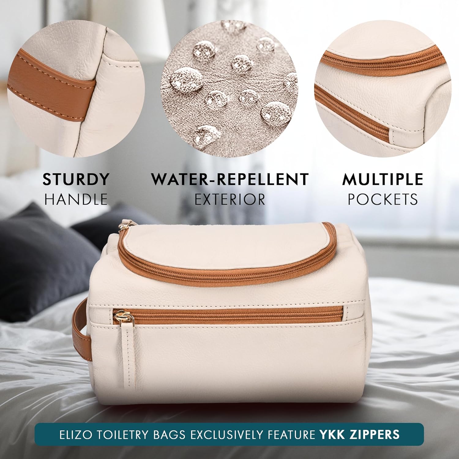 ELIZO Premium REAL Leather Toiletry Bag for Men Dopp Kitt Hanging Mens Toiletry Large TSA Toiletries Bag Shaving Grooming Bag Organizer Cream Tan