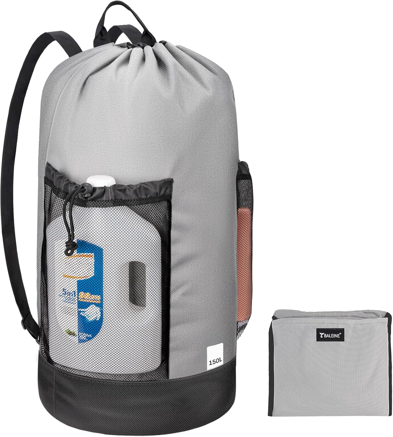 BALEINE 150L Laundry Bag Backpack, 900D Oxford Fabric Large Travel Laundry Bags with Shoulder Straps and 2 Mesh Pockets for College Dorm, Apartment, Laundromat (Grey, 150L)