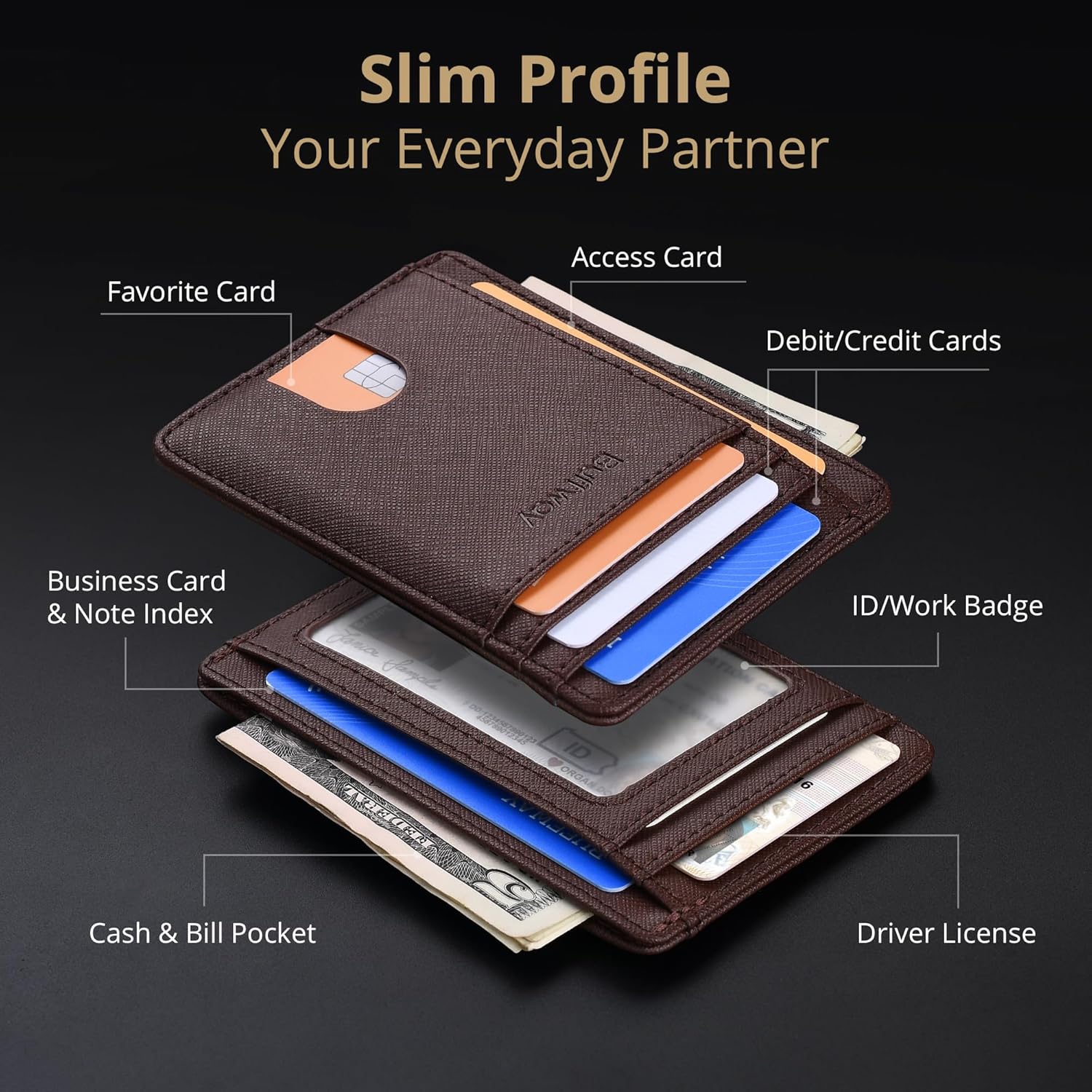 Buffway Slim Minimalist Front Pocket RFID Blocking Leather Wallets for Men and Women - Cross Coffee