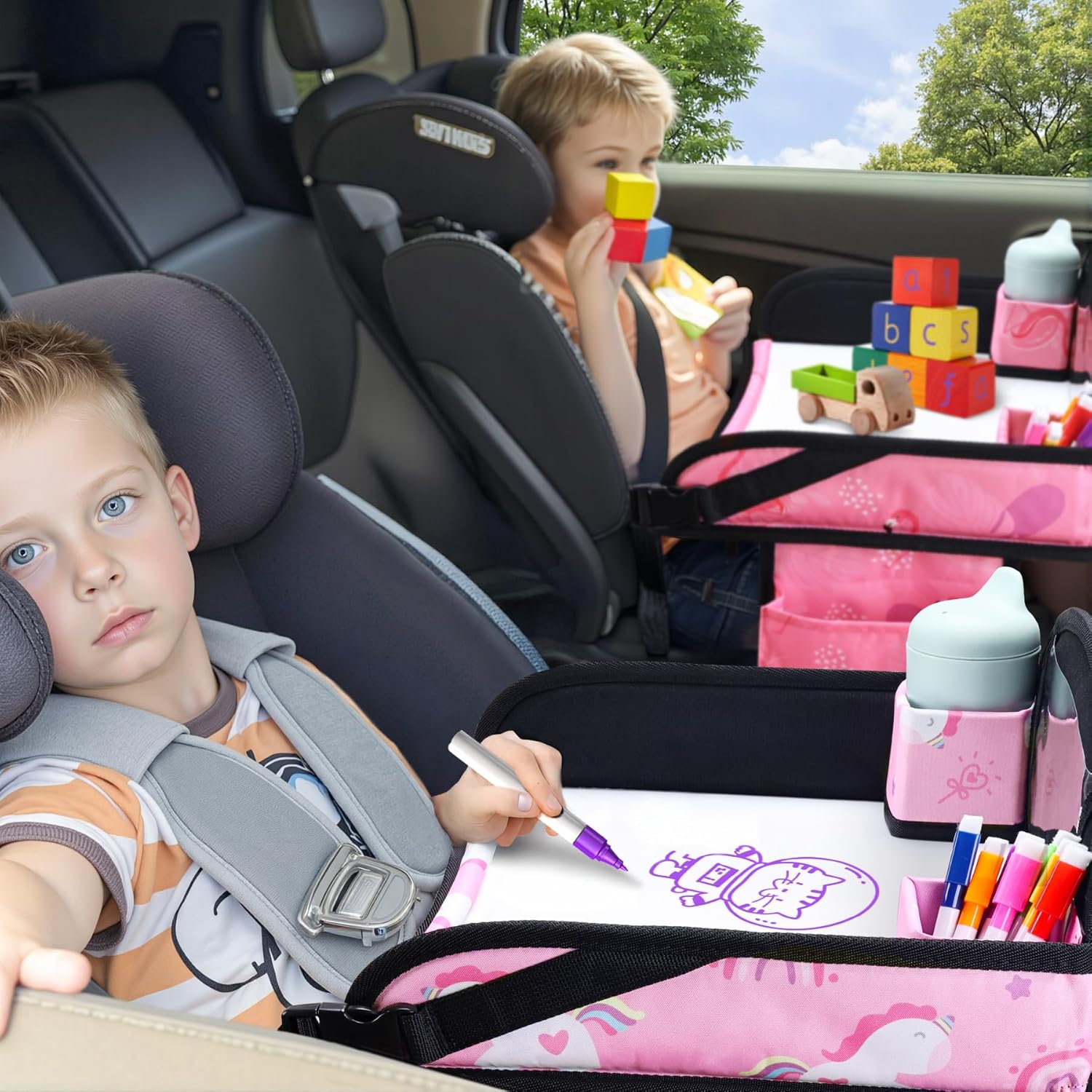 2PCS Kids Travel Tray, Car Seat Tray for kids Travel, Toddler Road Trip Essentials With Drawing Kit, Toddler Lap Desk Organizer for Car, Carseat Table for Airplane