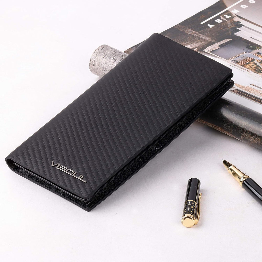 VISOUL Mens Leather Long Checkbook Bifold Wallets with RFID Blocking, Carbon Fiber Leather Tall Wallets for Men (Black+Black)