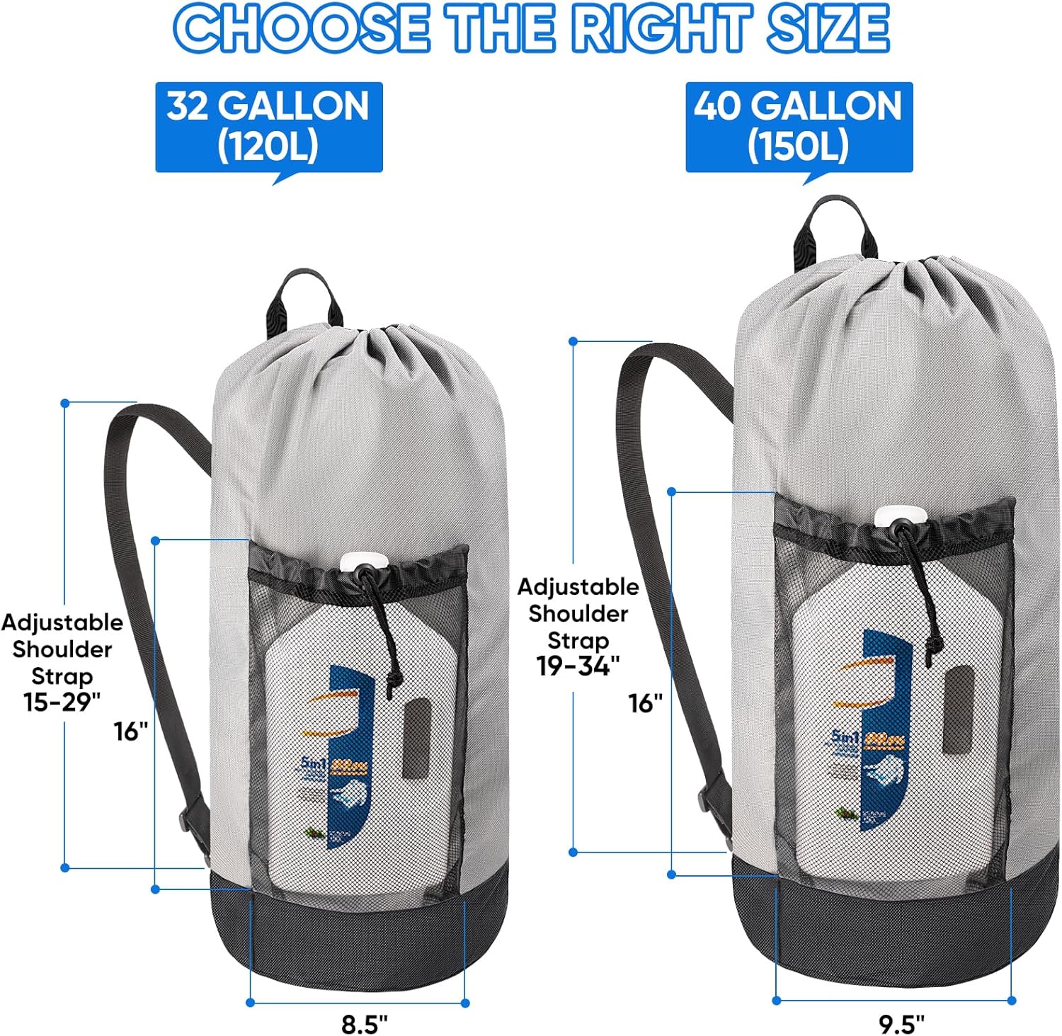 BALEINE 150L Laundry Bag Backpack, 900D Oxford Fabric Large Travel Laundry Bags with Shoulder Straps and 2 Mesh Pockets for College Dorm, Apartment, Laundromat (Grey, 150L)
