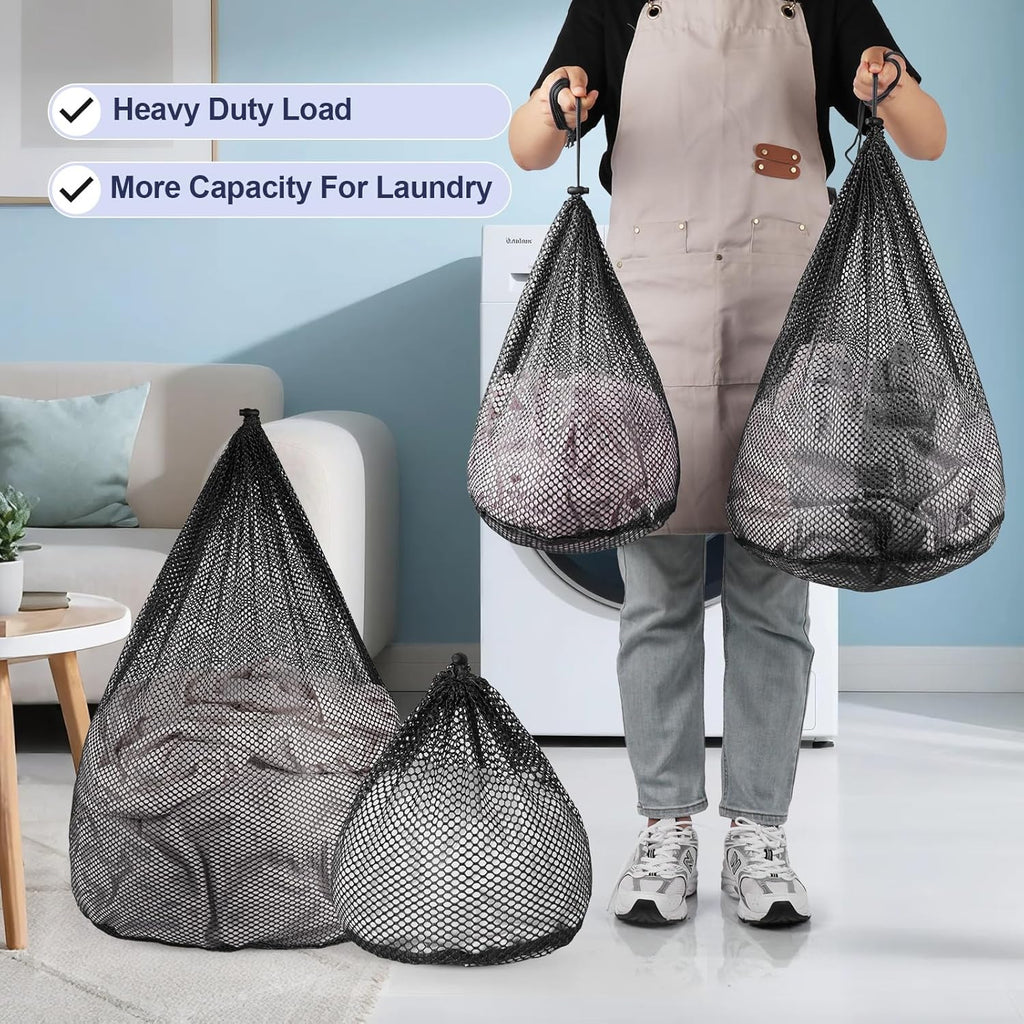 4Pcs Mesh Laundry Bags Washing Machine Mesh Wash Bags Jumbo for Delicates Clothes,Bed Linen,Toys with Drawstring Closure Sturdy (Black, Pack 4 Pcs)