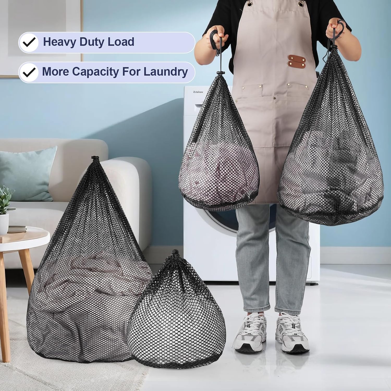4Pcs Mesh Laundry Bags Washing Machine Mesh Wash Bags Jumbo for Delicates Clothes,Bed Linen,Toys with Drawstring Closure Sturdy (Black, Pack 4 Pcs)