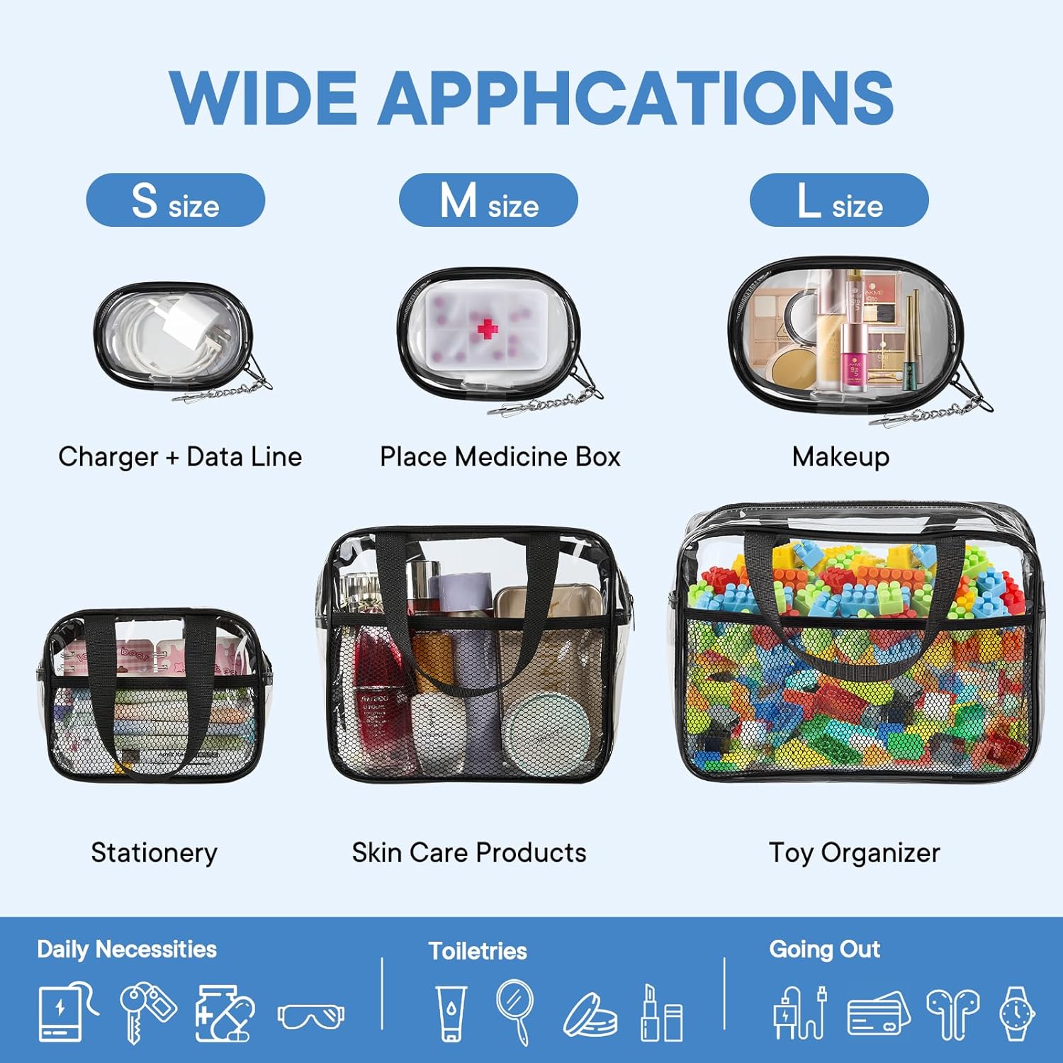 XEWEA Clear Travel Toiletry Bags & Small Electronic Accessories Organizer Case, 6 PCS TSA Approved Transparent Makeup Bag for Women Men, Waterproof PVC Quart Pouch with Zipper for Airline Essentials