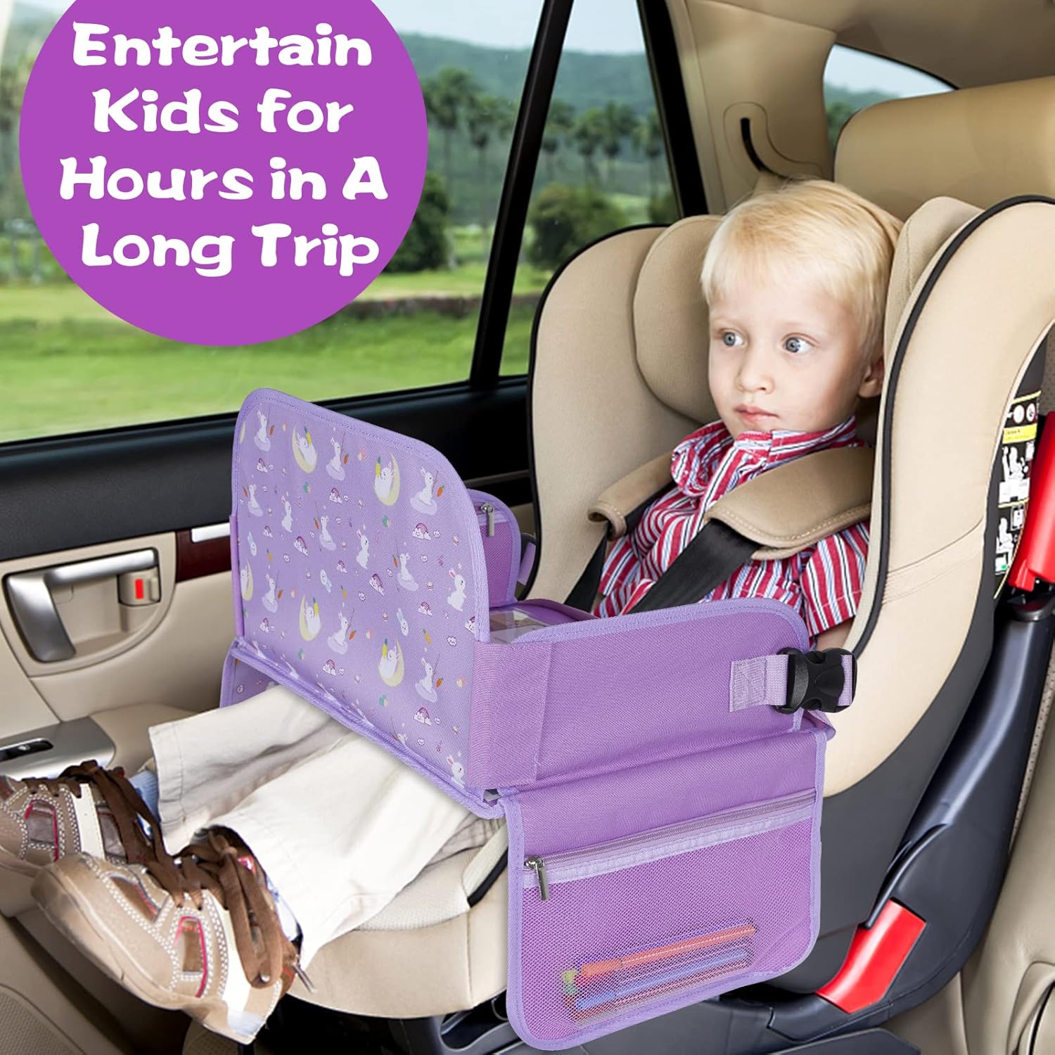 MENZOKE Car Seat Tray for Kids Travel, Kids Travel Tray with Educational Drawing Board, Tablet Holder & Cooler Cup Holder, Holiday Gifts for Car Trip, Purple