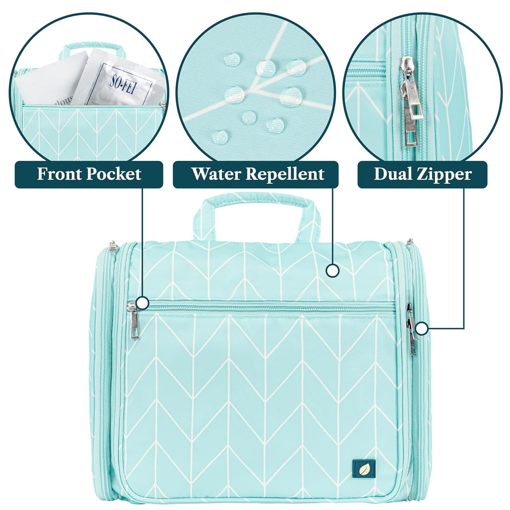 PAVILIA Large Hanging Toiletry Bag Travel Bag Women Men, Cosmetic Organizer, Water Resistant Makeup Bag Accessories Toiletries, Travel Essentials Kit, Teal Chevron