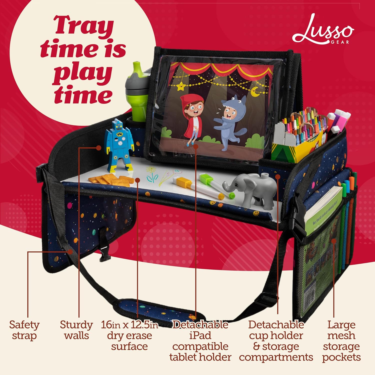 Lusso Gear Kids Travel Desk for Car Seats & Airplane - Car Seat Activity Tray with Dry Erase Top, Tablet Holder, Mesh Pockets & Cup Holder - Lap Desk for Toddlers on Road Trips (Planets)